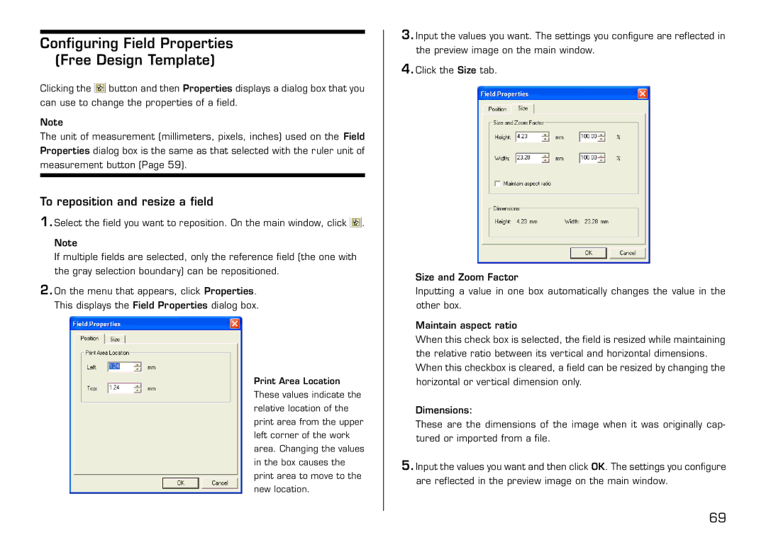 Casio LPCW-50 manual Configuring Field Properties Free Design Template, To reposition and resize a field 