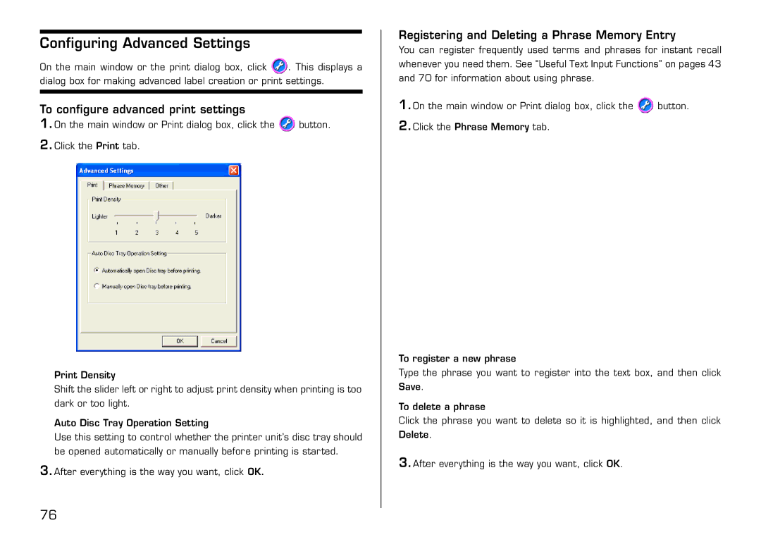 Casio LPCW-50 manual Configuring Advanced Settings, To configure advanced print settings 