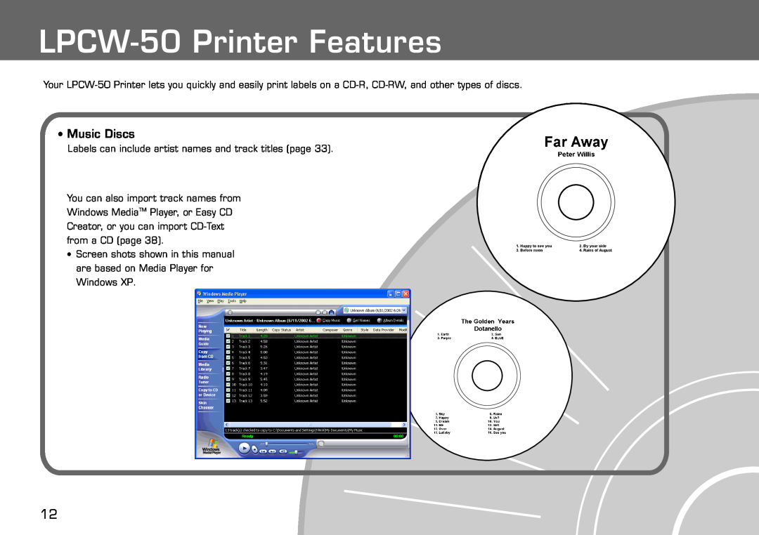 Casio manual Music Discs, LPCW-50 Printer Features 