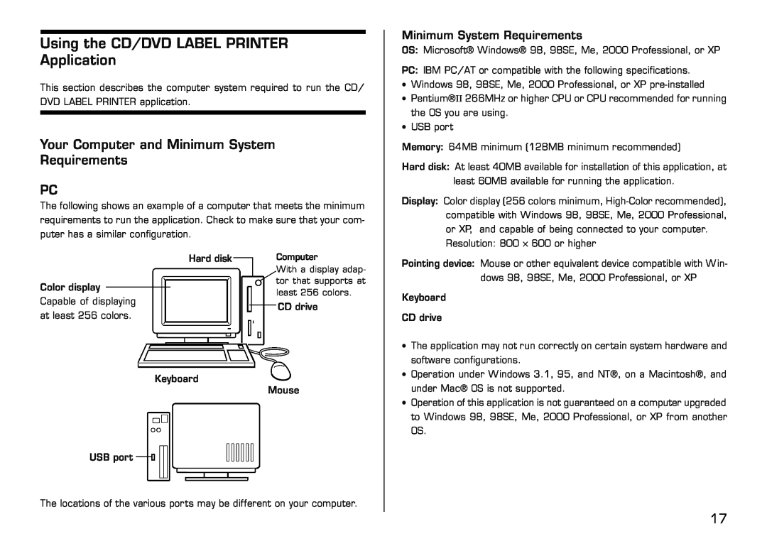 Casio LPCW-50 manual Using the CD/DVD LABEL PRINTER Application, Your Computer and Minimum System Requirements PC 
