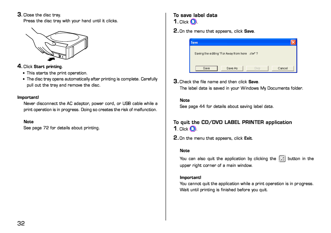 Casio LPCW-50 manual To save label data, To quit the CD/DVD LABEL PRINTER application 