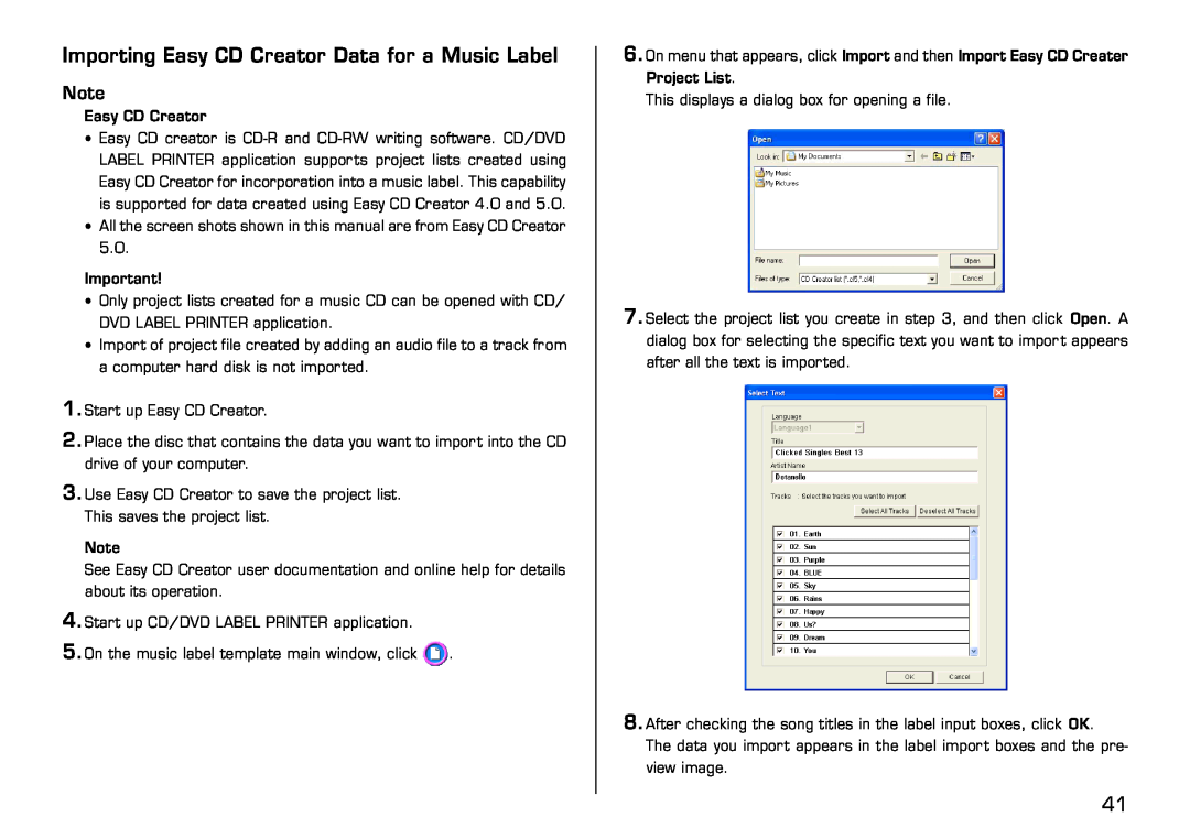 Casio LPCW-50 manual Importing Easy CD Creator Data for a Music Label 