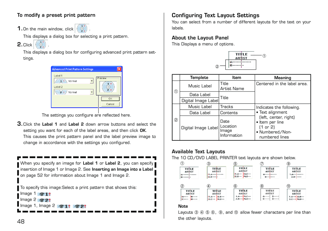 Casio LPCW-50 manual Configuring Text Layout Settings, To modify a preset print pattern, About the Layout Panel 