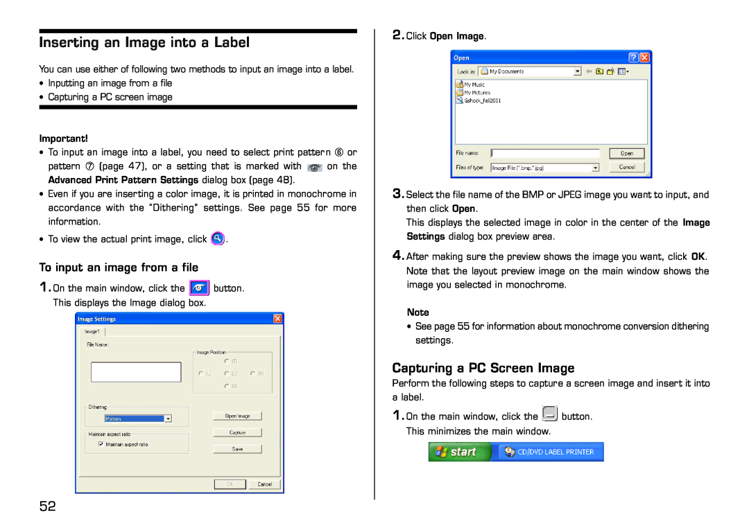 Casio LPCW-50 manual Inserting an Image into a Label, Capturing a PC Screen Image, To input an image from a file 
