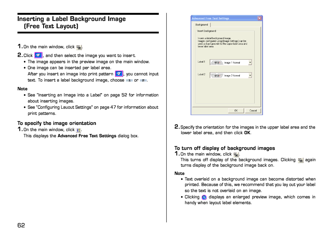 Casio LPCW-50 manual Inserting a Label Background Image Free Text Layout, To specify the image orientation 