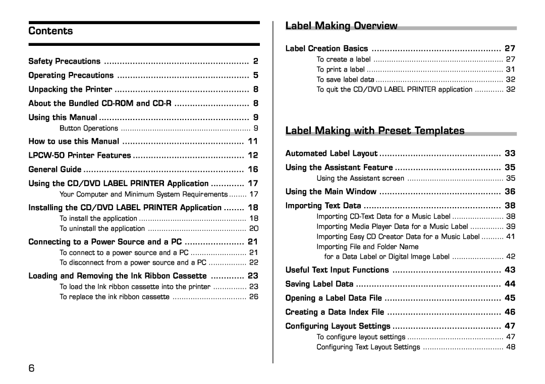 Casio LPCW-50 manual Contents, Label Making Overview, Label Making with Preset Templates 