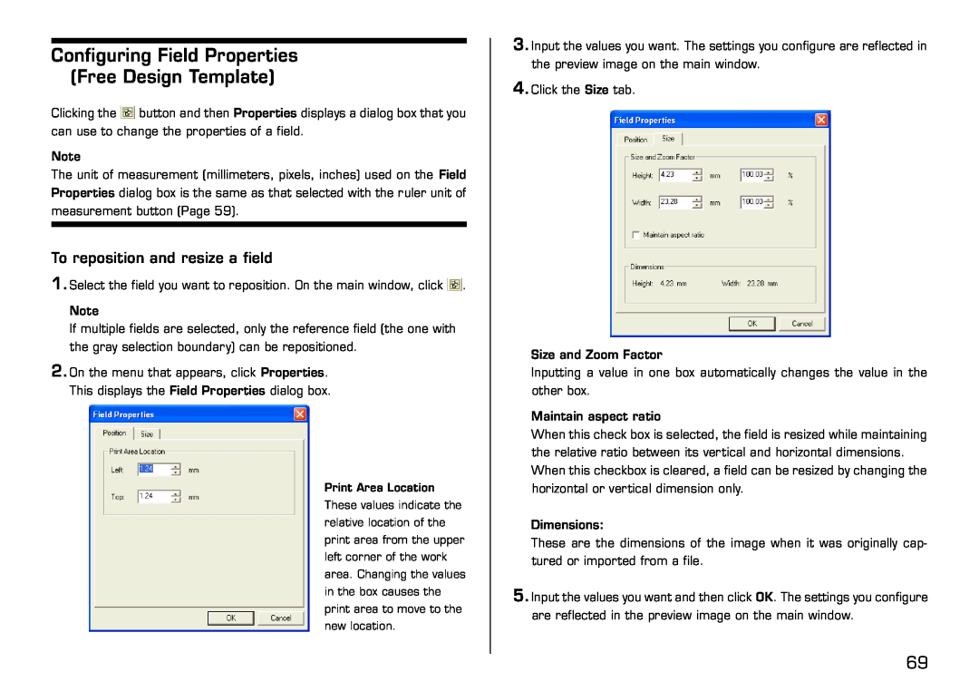 Casio LPCW-50 manual Configuring Field Properties Free Design Template, To reposition and resize a field 
