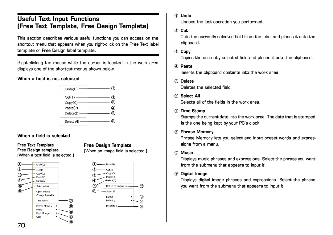 Casio LPCW-50 manual Useful Text Input Functions Free Text Template, Free Design Template, When a field is not selected 