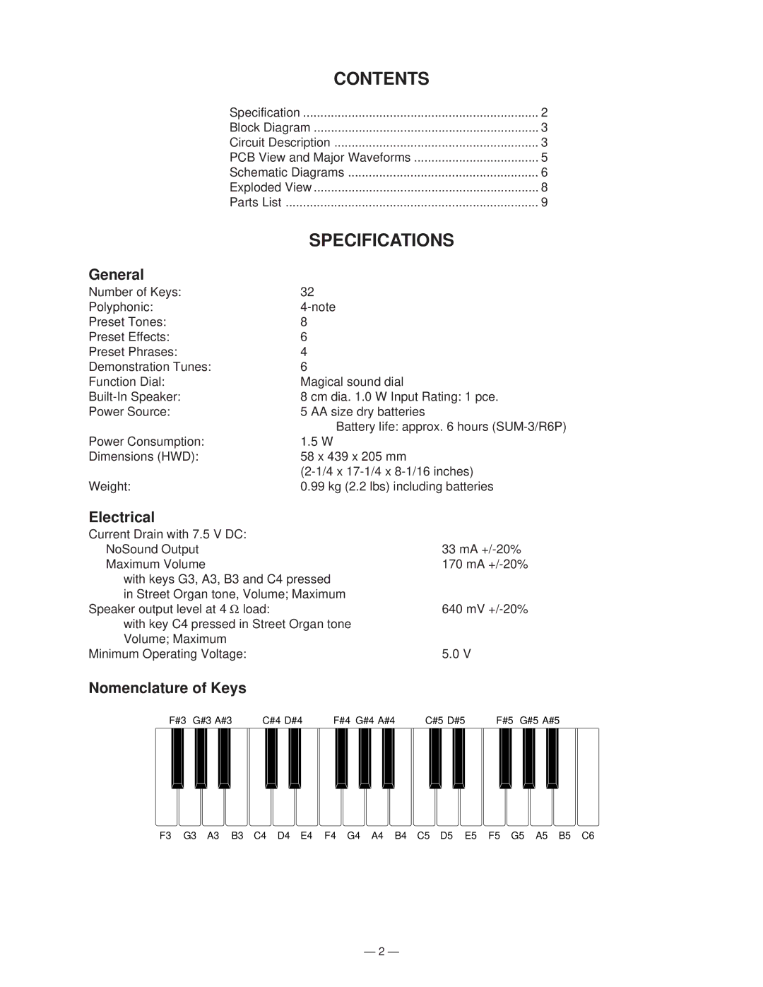 Casio M-300 manual Contents, Specifications 