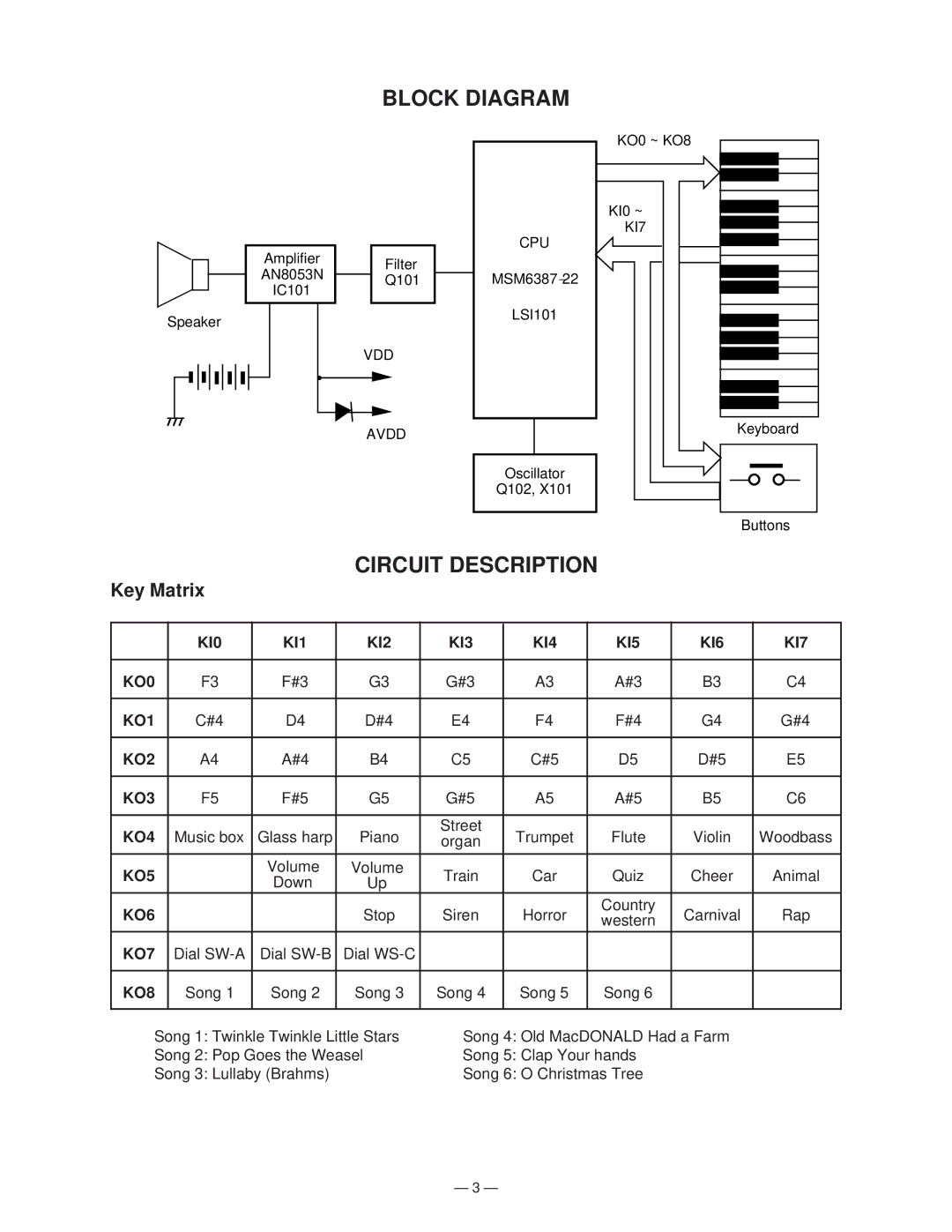 Casio M-300 manual Block Diagram, Circuit Description, Key Matrix 