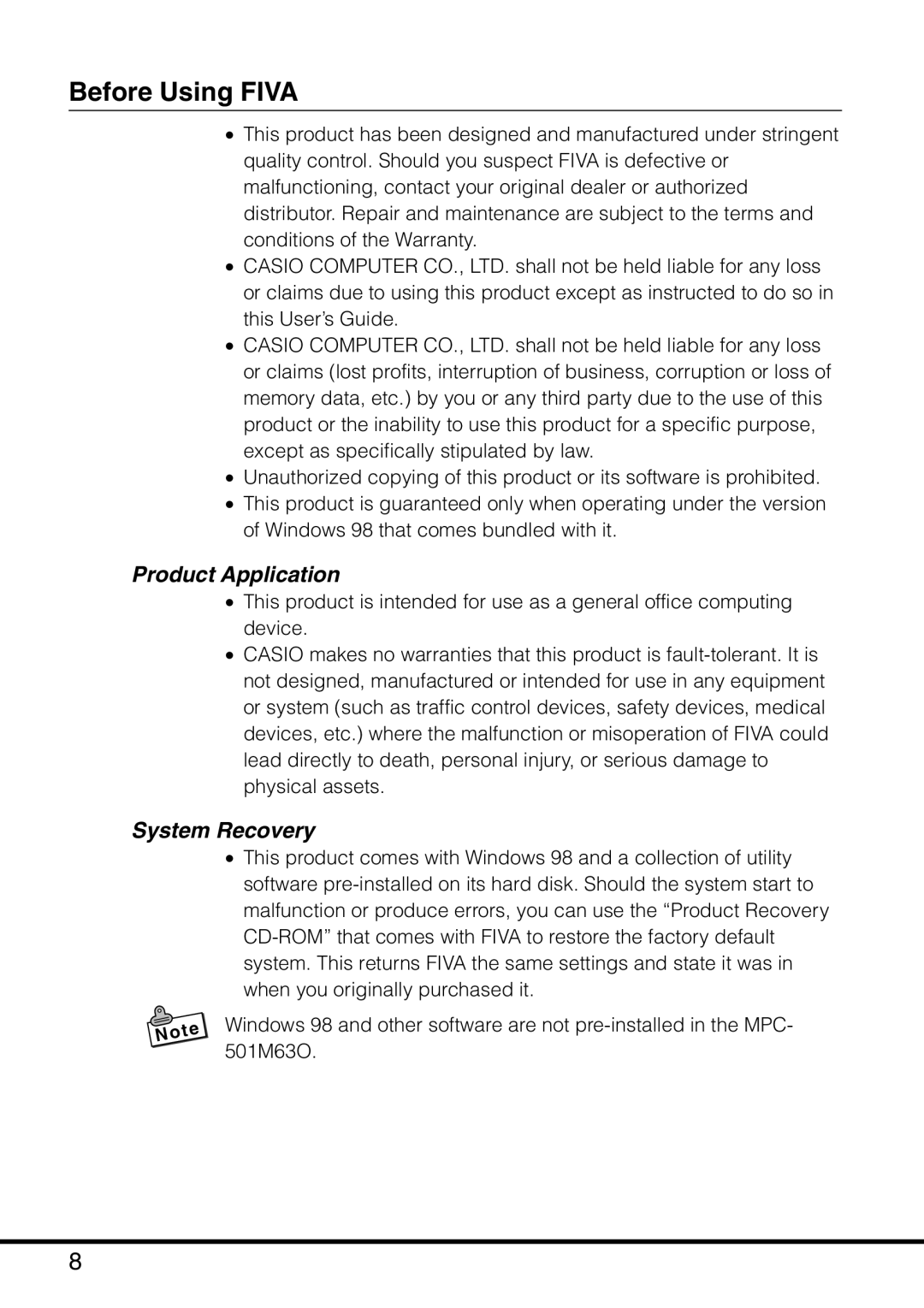 Casio MPC-501 manual Before Using Fiva, Product Application, System Recovery 