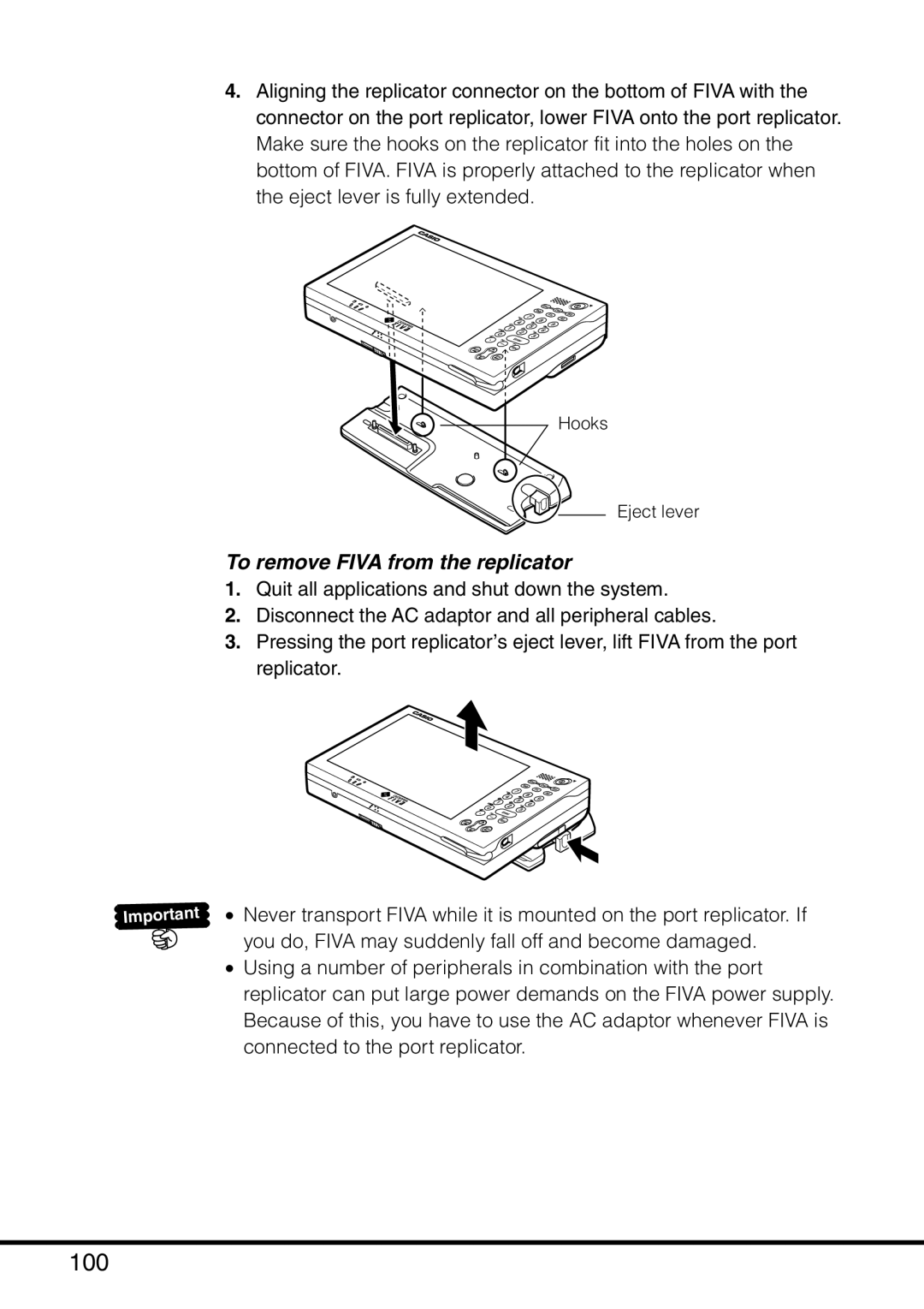 Casio MPC-501 manual 100, To remove Fiva from the replicator 