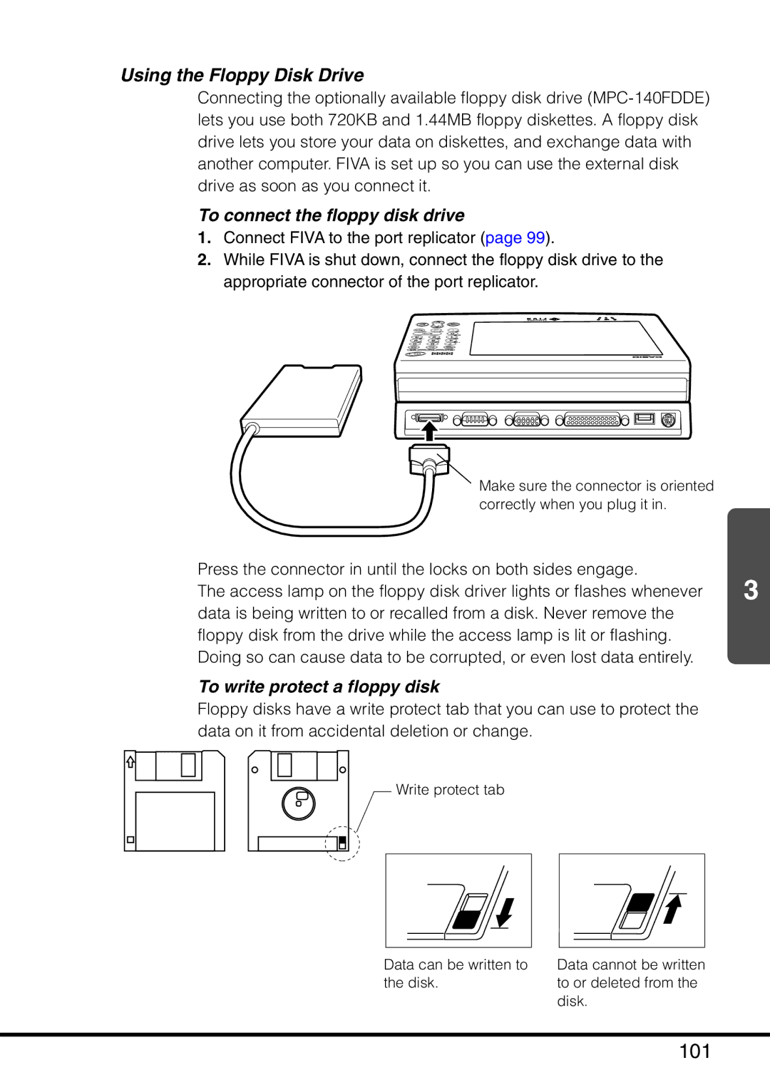 Casio MPC-501 manual 101, Using the Floppy Disk Drive, To connect the floppy disk drive, To write protect a floppy disk 