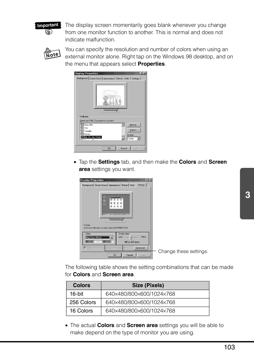 Casio MPC-501 manual 103, Colors Size Pixels 