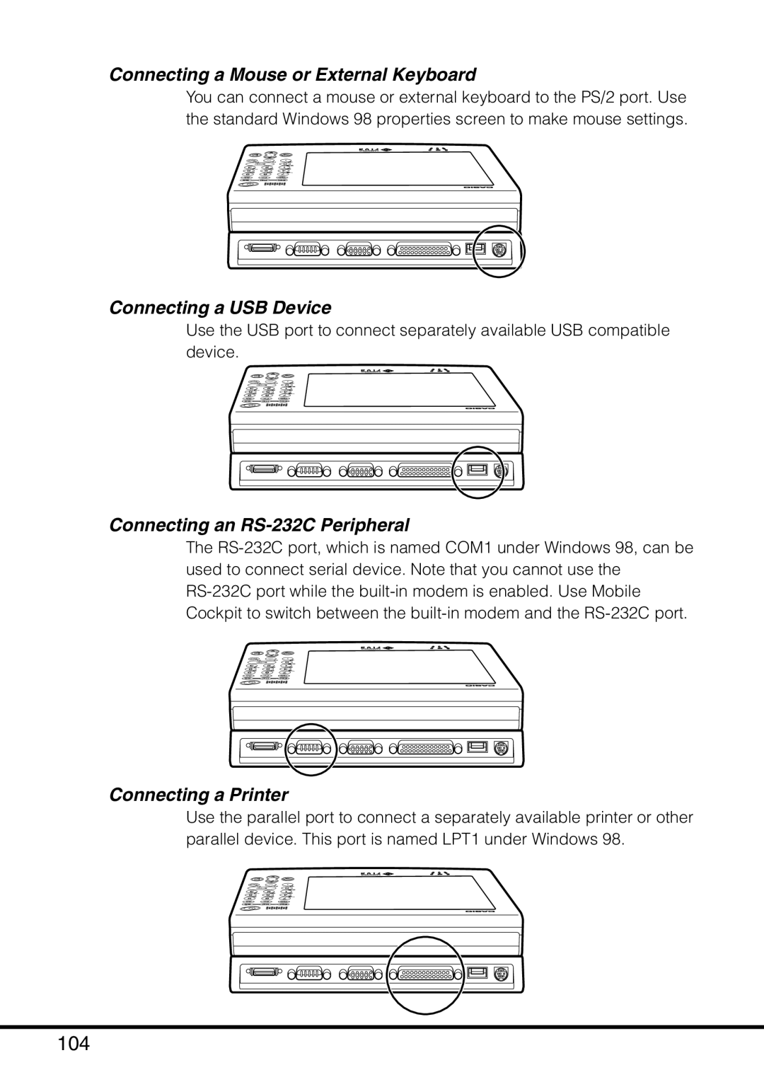 Casio MPC-501 104, Connecting a Mouse or External Keyboard, Connecting a USB Device, Connecting an RS-232C Peripheral 