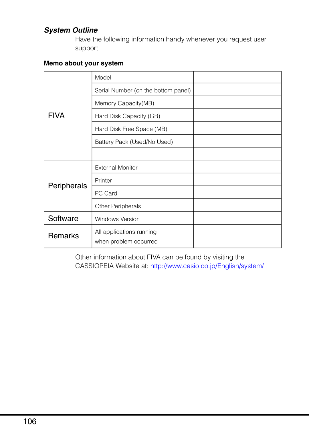 Casio MPC-501 manual 106, System Outline, Memo about your system 