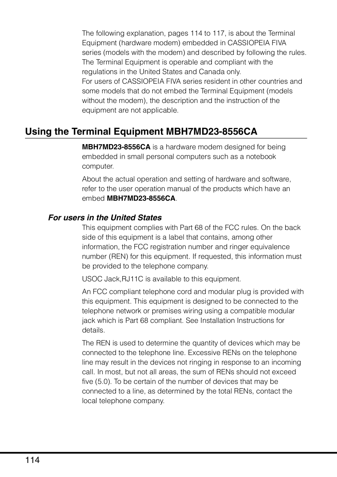 Casio MPC-501 manual Using the Terminal Equipment MBH7MD23-8556CA, 114, For users in the United States 