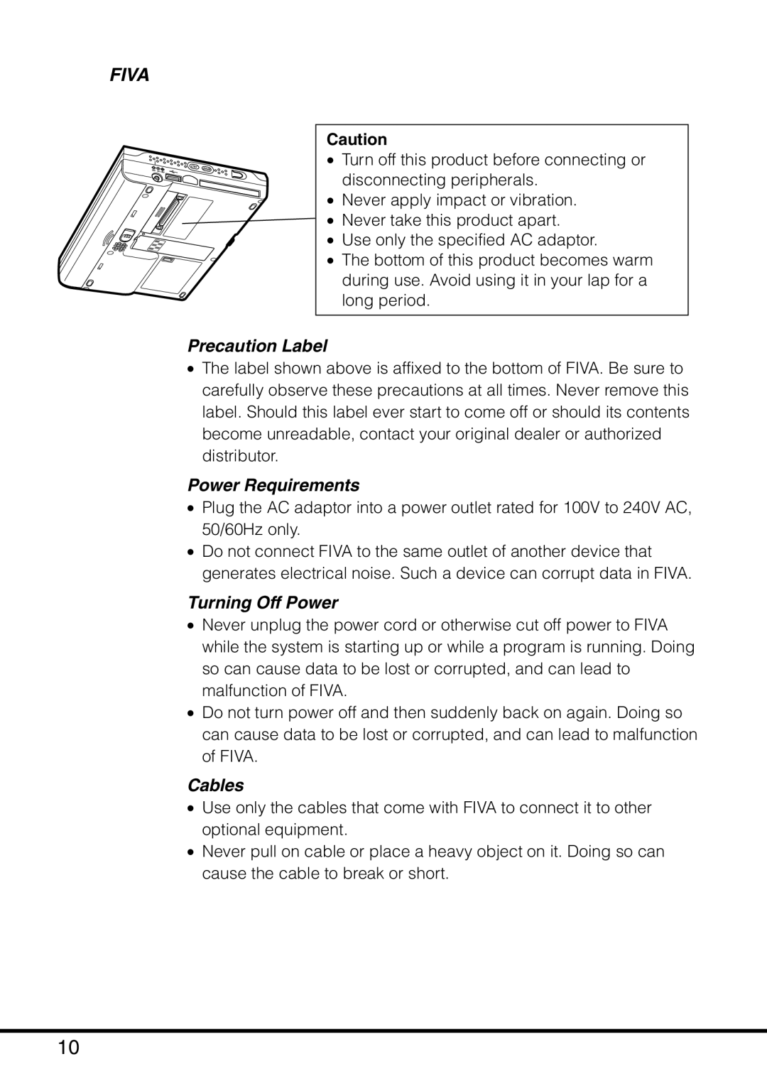 Casio MPC-501 manual Precaution Label, Power Requirements, Turning Off Power, Cables 