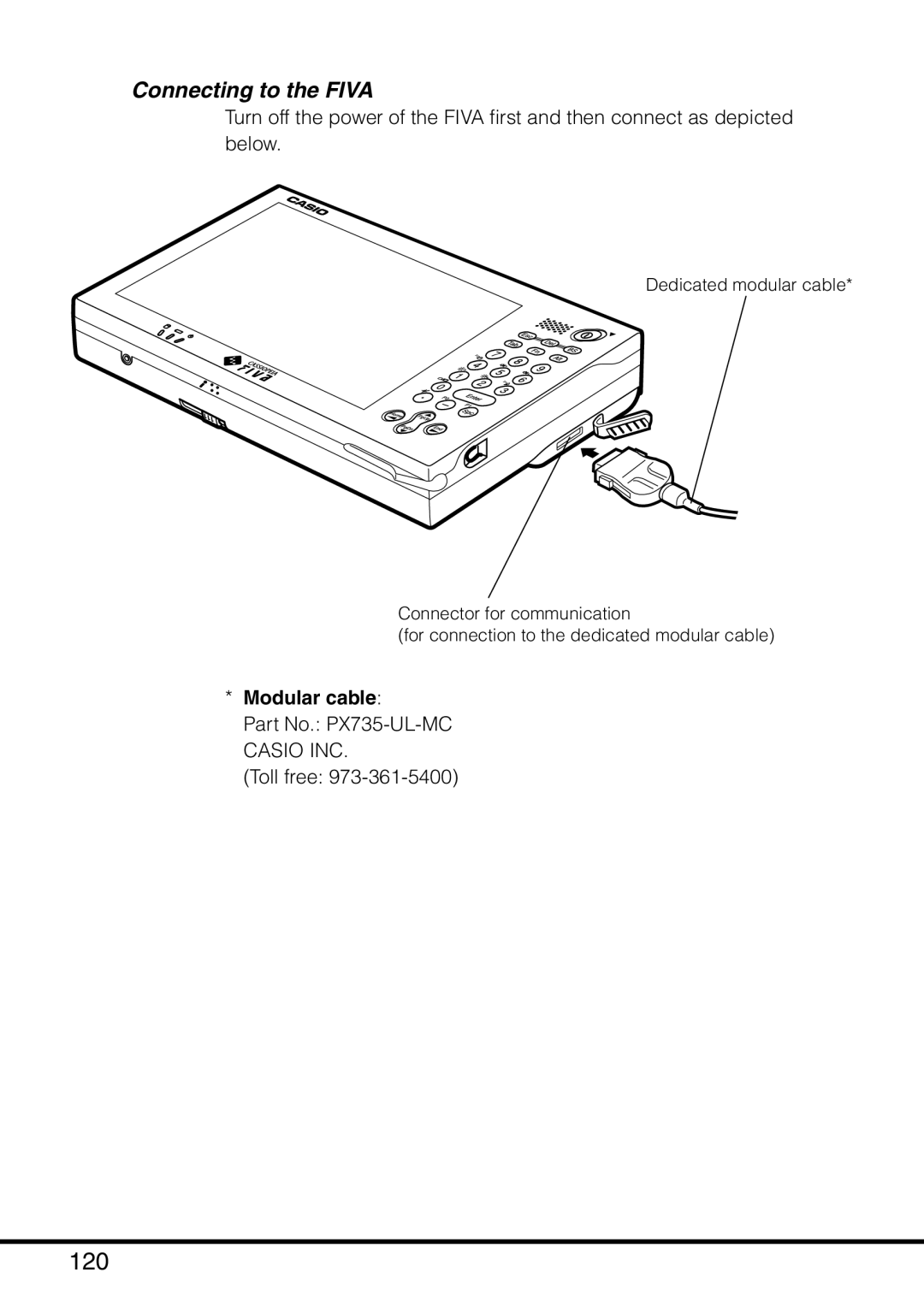 Casio MPC-501 manual 120, Connecting to the Fiva, Modular cable 