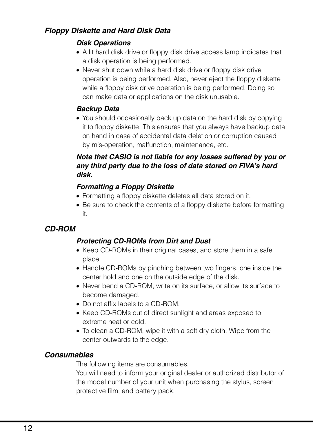 Casio MPC-501 Floppy Diskette and Hard Disk Data Disk Operations, Backup Data, Formatting a Floppy Diskette, Consumables 