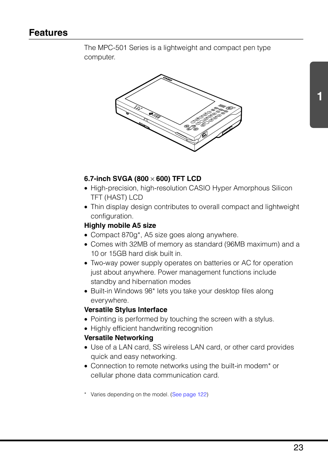 Casio MPC-501 manual Features, Inch Svga 800 ⋅ 600 TFT LCD, Highly mobile A5 size, Versatile Stylus Interface 