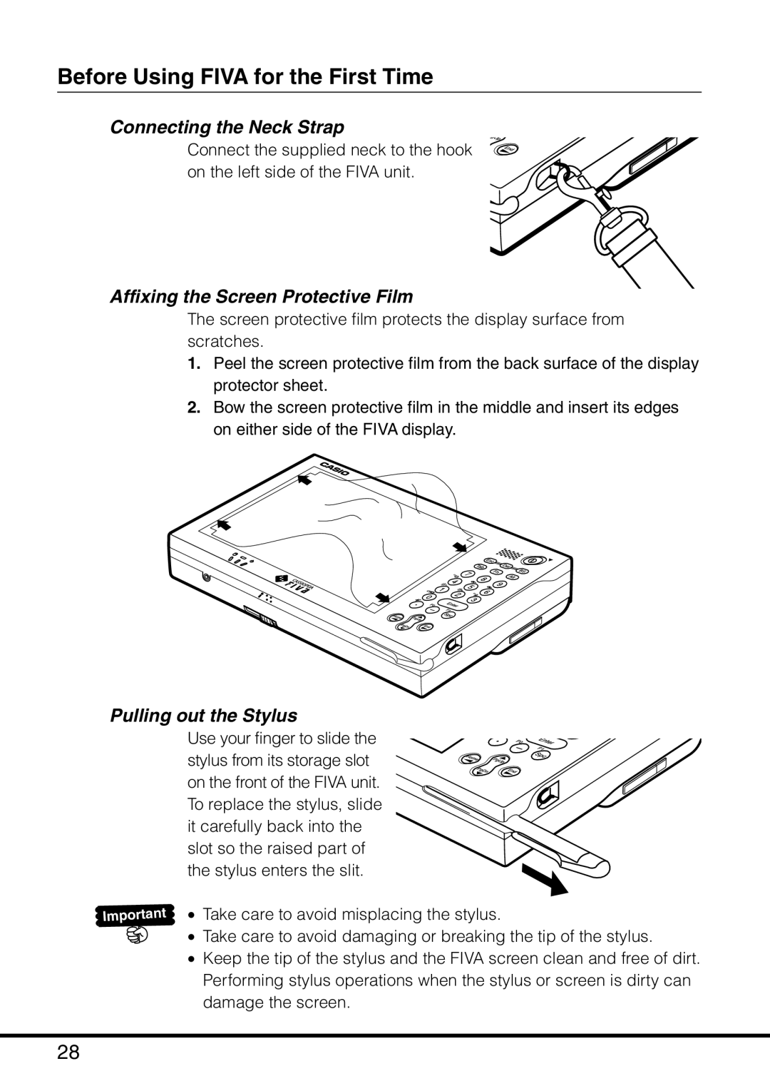 Casio MPC-501 manual Before Using Fiva for the First Time, Connecting the Neck Strap, Affixing the Screen Protective Film 