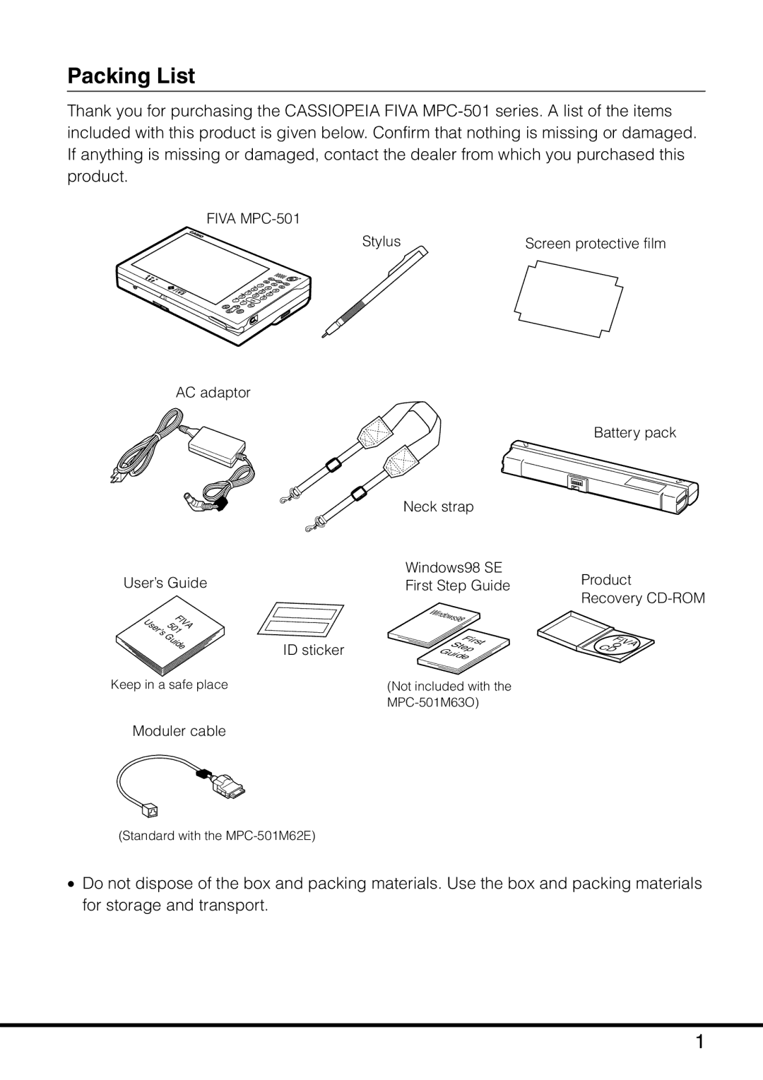 Casio manual Packing List, Fiva MPC-501 