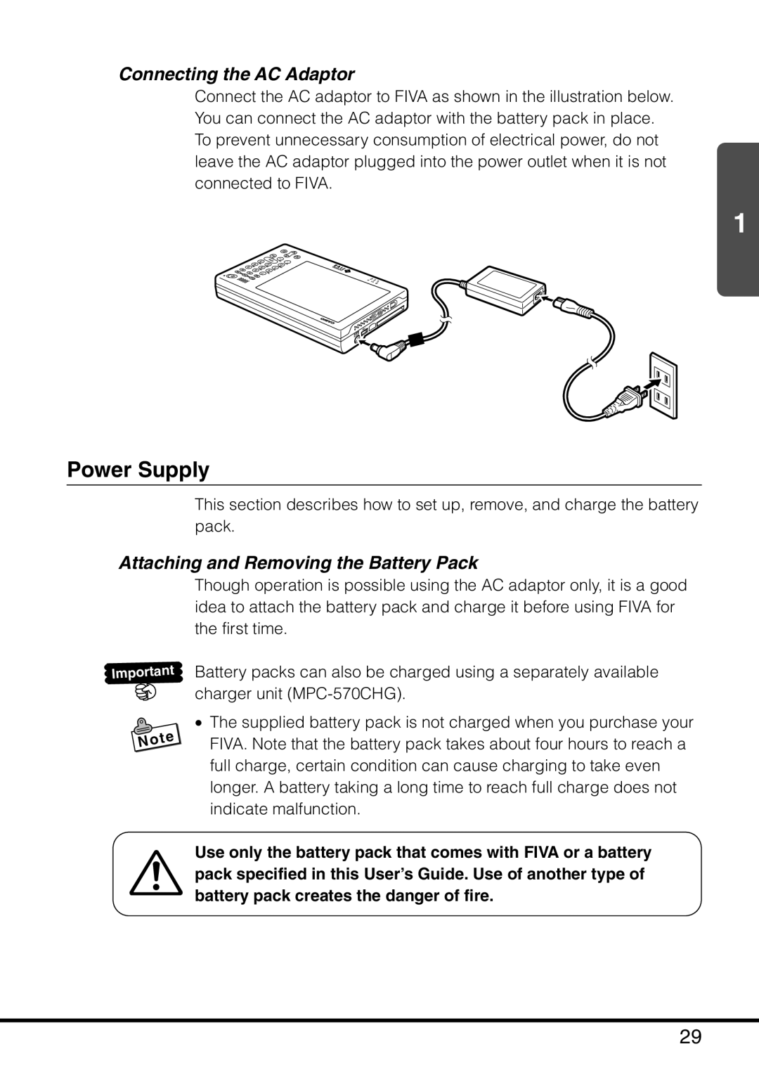 Casio MPC-501 manual Power Supply, Connecting the AC Adaptor, Attaching and Removing the Battery Pack 