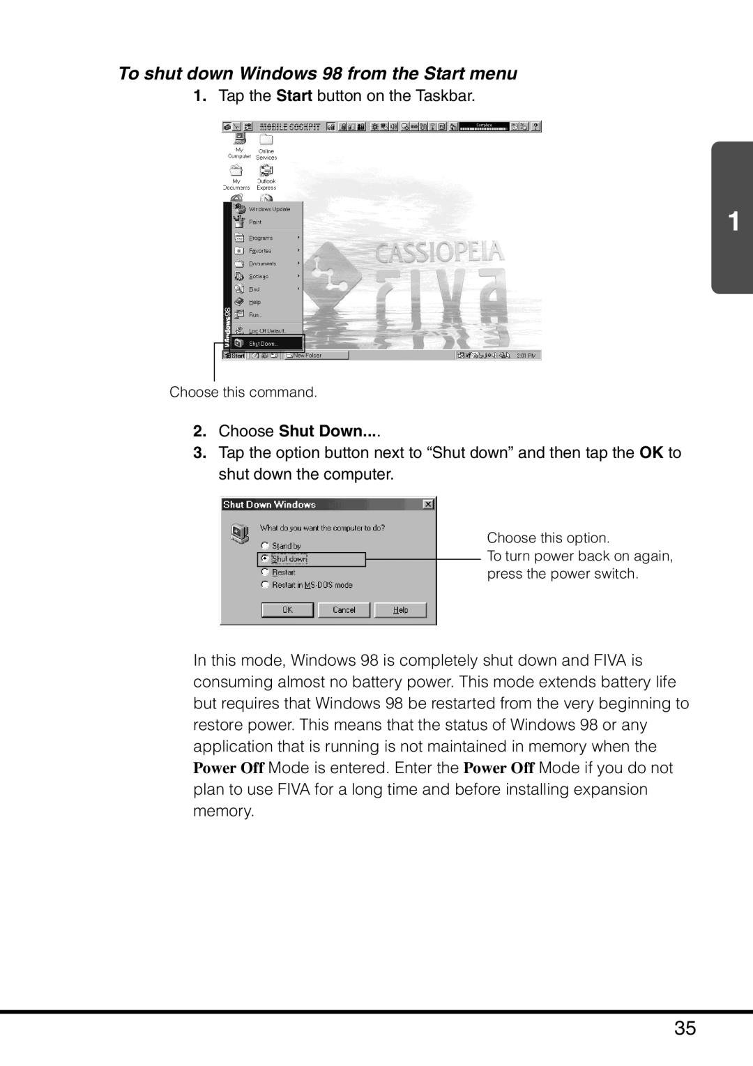 Casio MPC-501 manual To shut down Windows 98 from the Start menu, Choose Shut Down 