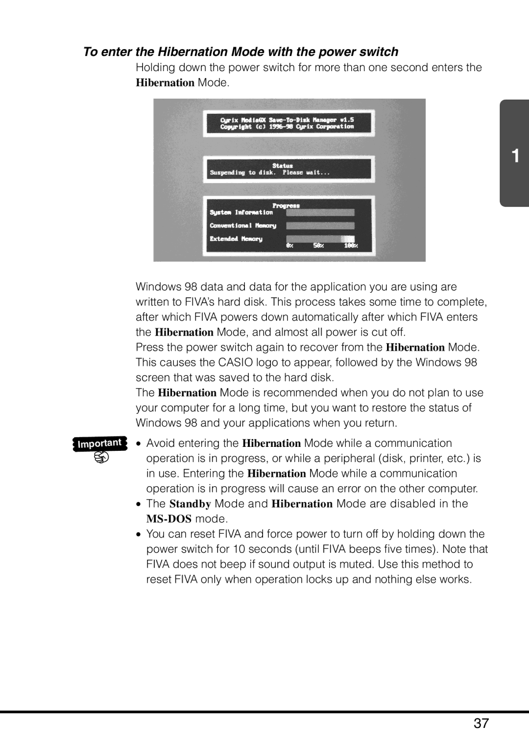 Casio MPC-501 manual To enter the Hibernation Mode with the power switch, MS-DOS mode 