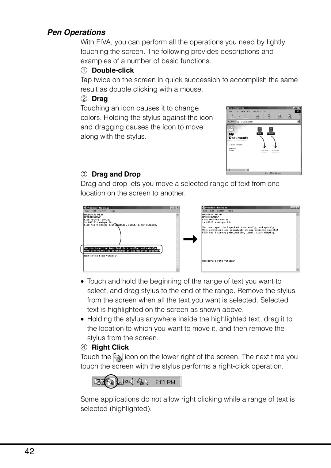 Casio MPC-501 manual Pen Operations, Double-click, Drag and Drop, Right Click 