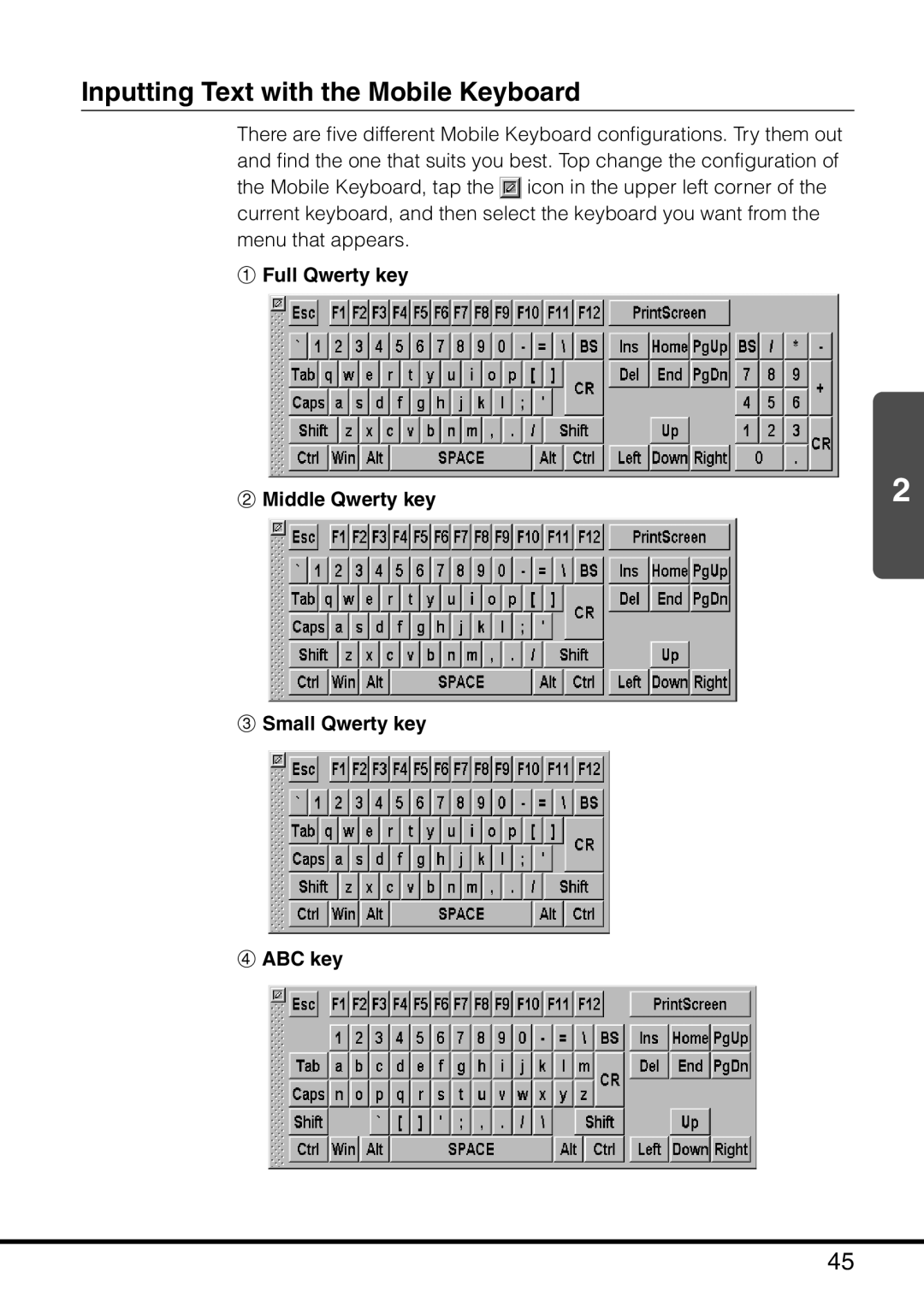 Casio MPC-501 manual Inputting Text with the Mobile Keyboard, Full Qwerty key Middle Qwerty key Small Qwerty key ABC key 