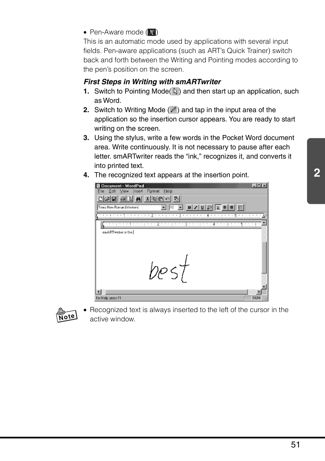 Casio MPC-501 manual First Steps in Writing with smARTwriter, Recognized text appears at the insertion point 