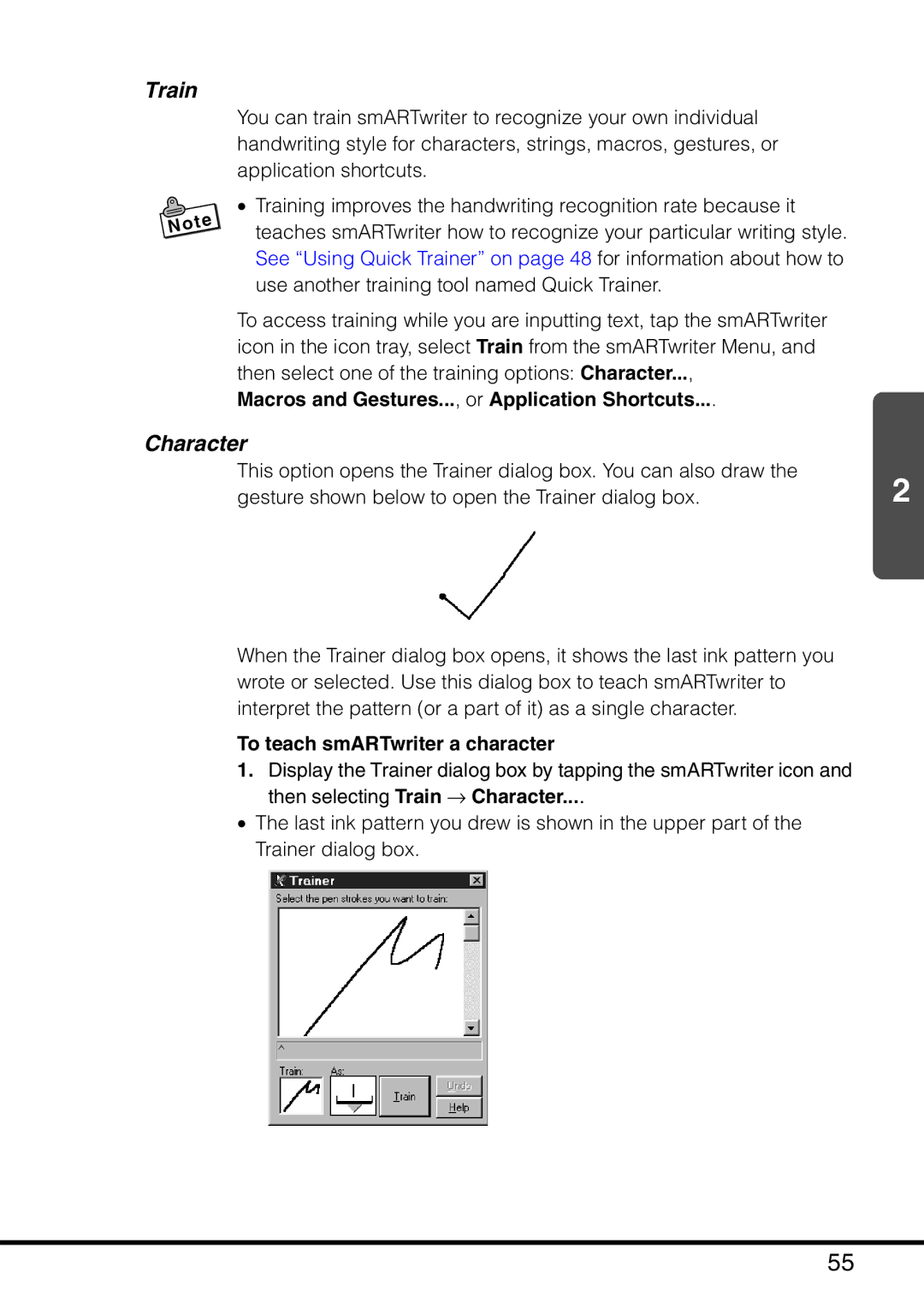 Casio MPC-501 manual Train, Character, Macros and Gestures..., or Application Shortcuts, To teach smARTwriter a character 