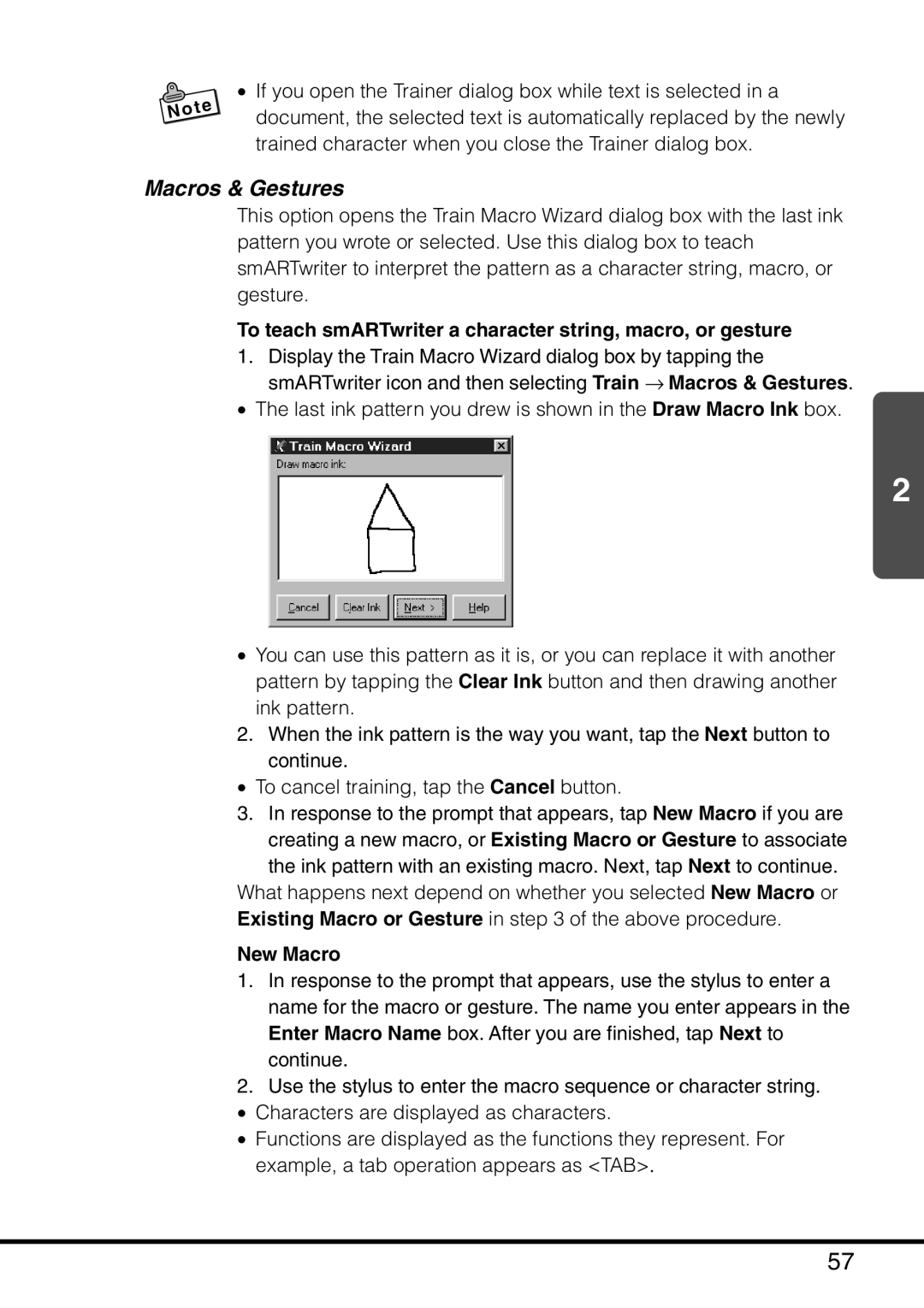 Casio MPC-501 manual Macros & Gestures, To teach smARTwriter a character string, macro, or gesture, New Macro 