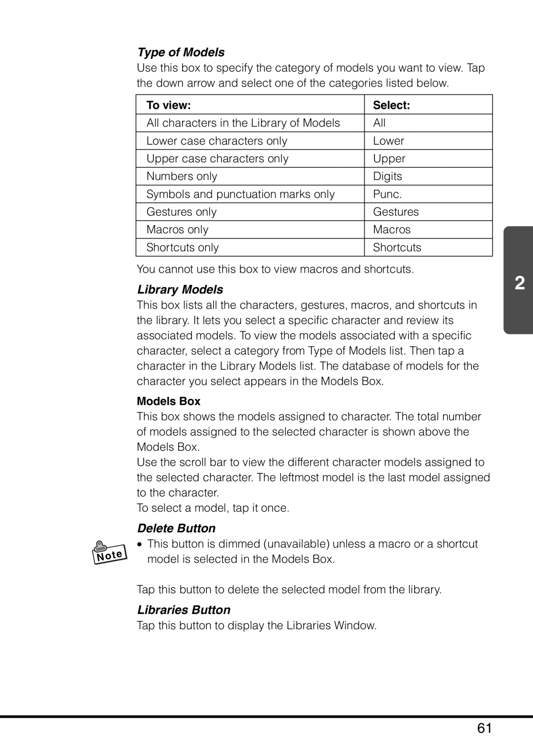 Casio MPC-501 manual Type of Models, Library Models, Delete Button, Libraries Button 