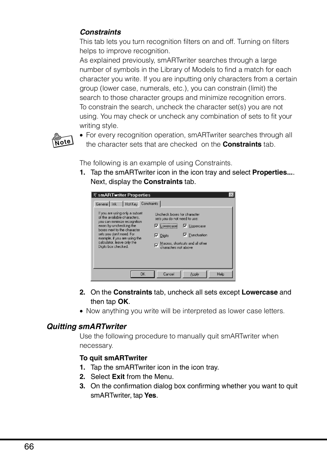 Casio MPC-501 manual Constraints, Quitting smARTwriter, To quit smARTwriter 