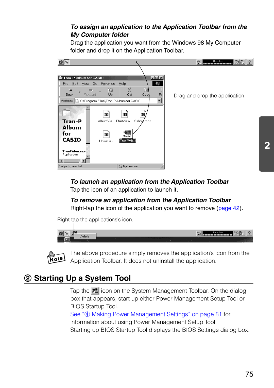 Casio MPC-501 manual Starting Up a System Tool, To launch an application from the Application Toolbar 