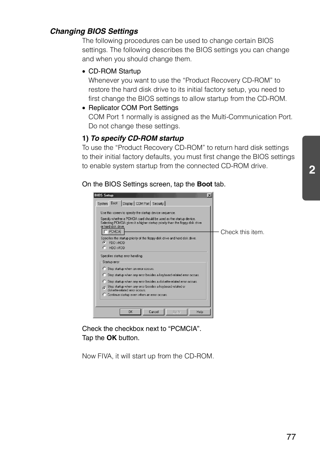 Casio MPC-501 manual Changing Bios Settings, To specify CD-ROM startup 