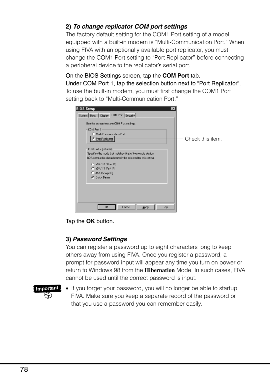 Casio MPC-501 manual To change replicator COM port settings, Password Settings 