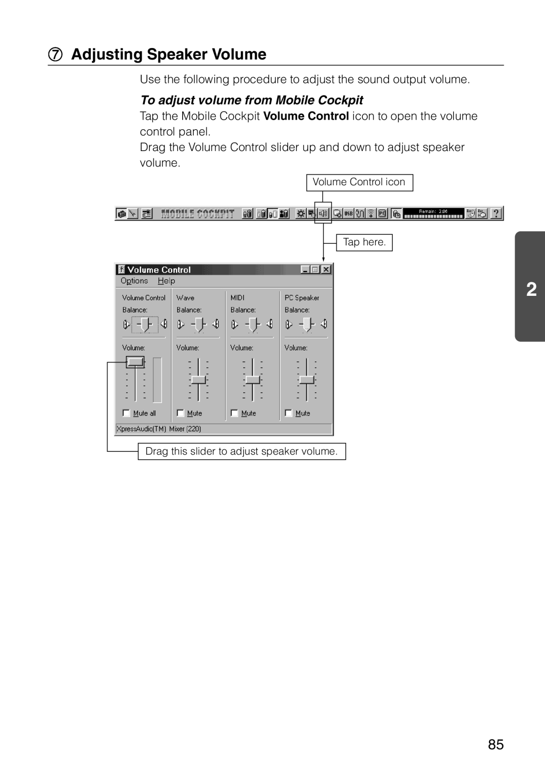 Casio MPC-501 manual Adjusting Speaker Volume, To adjust volume from Mobile Cockpit 