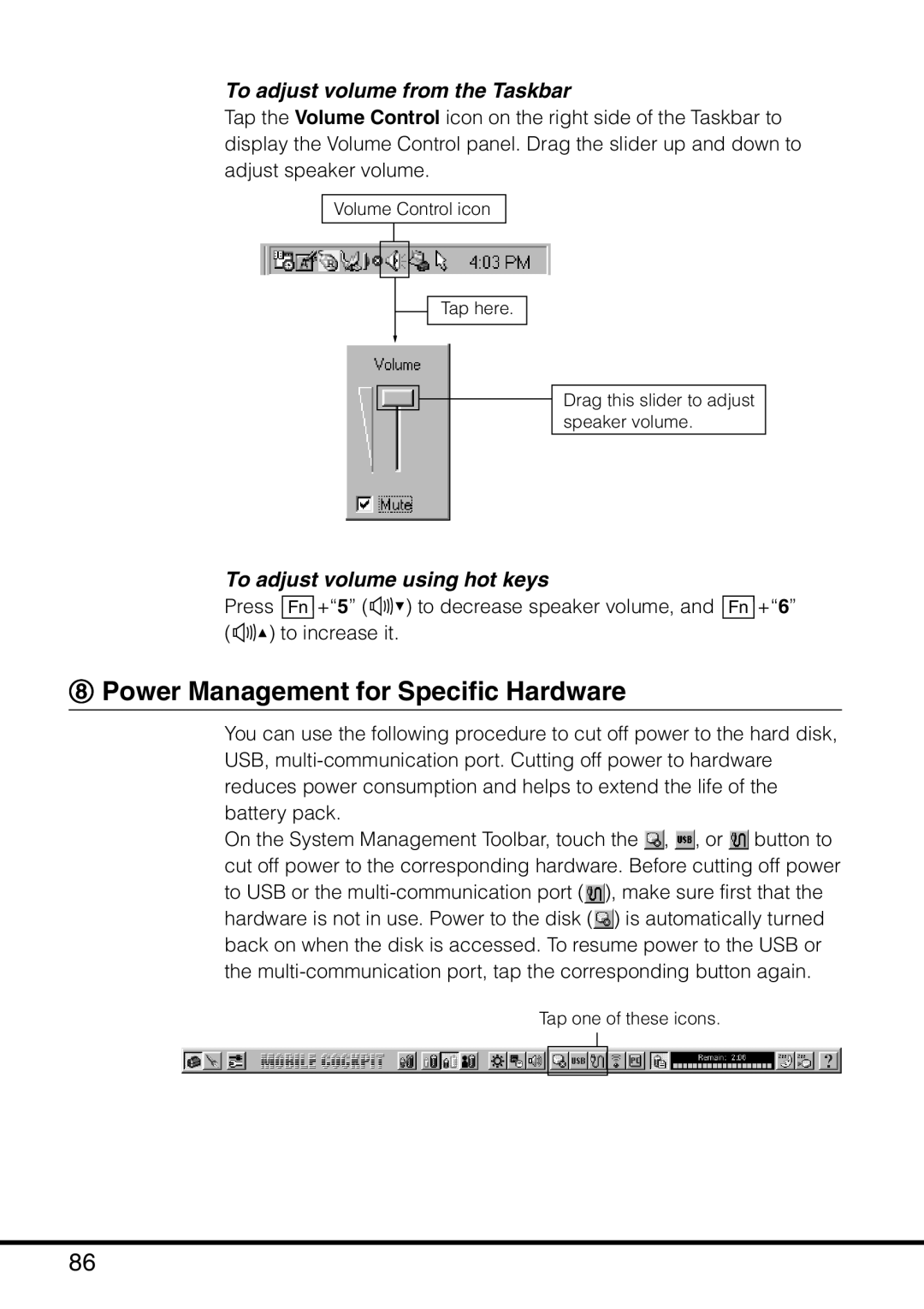 Casio MPC-501 Power Management for Specific Hardware, To adjust volume from the Taskbar, To adjust volume using hot keys 