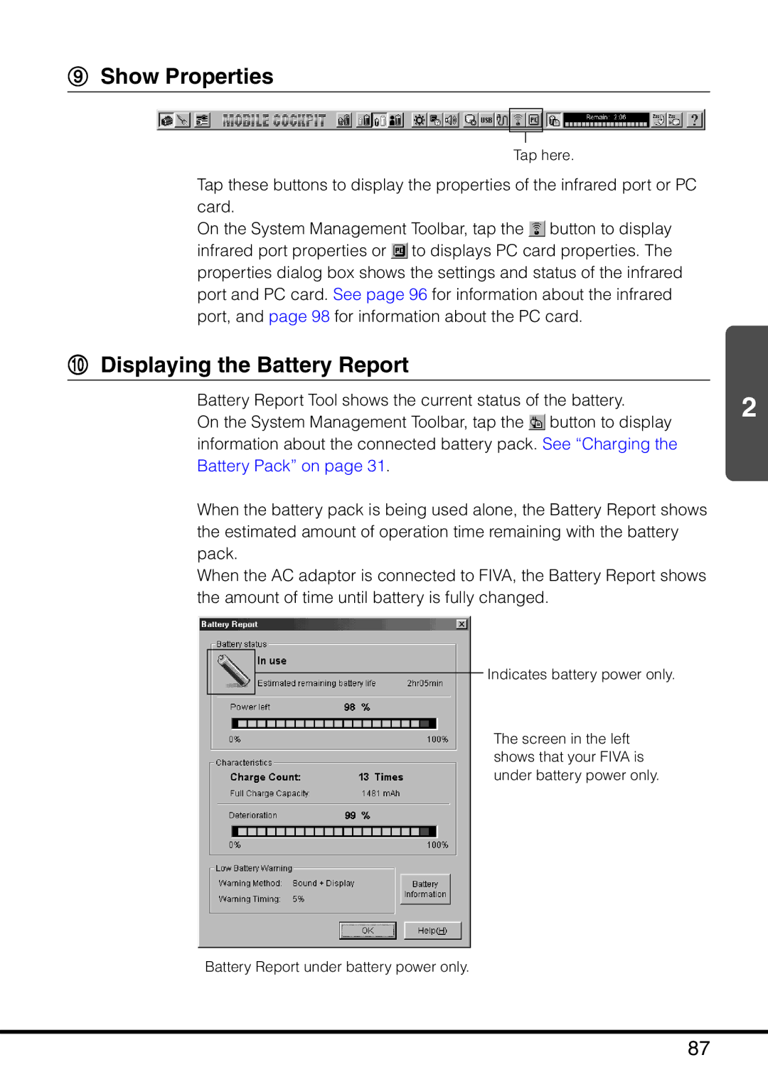 Casio MPC-501 manual Show Properties, Displaying the Battery Report 