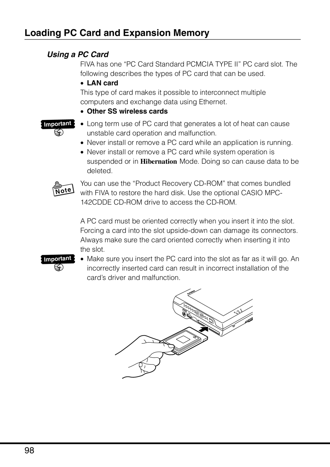 Casio MPC-501 manual Loading PC Card and Expansion Memory, Using a PC Card, LAN card, Other SS wireless cards 