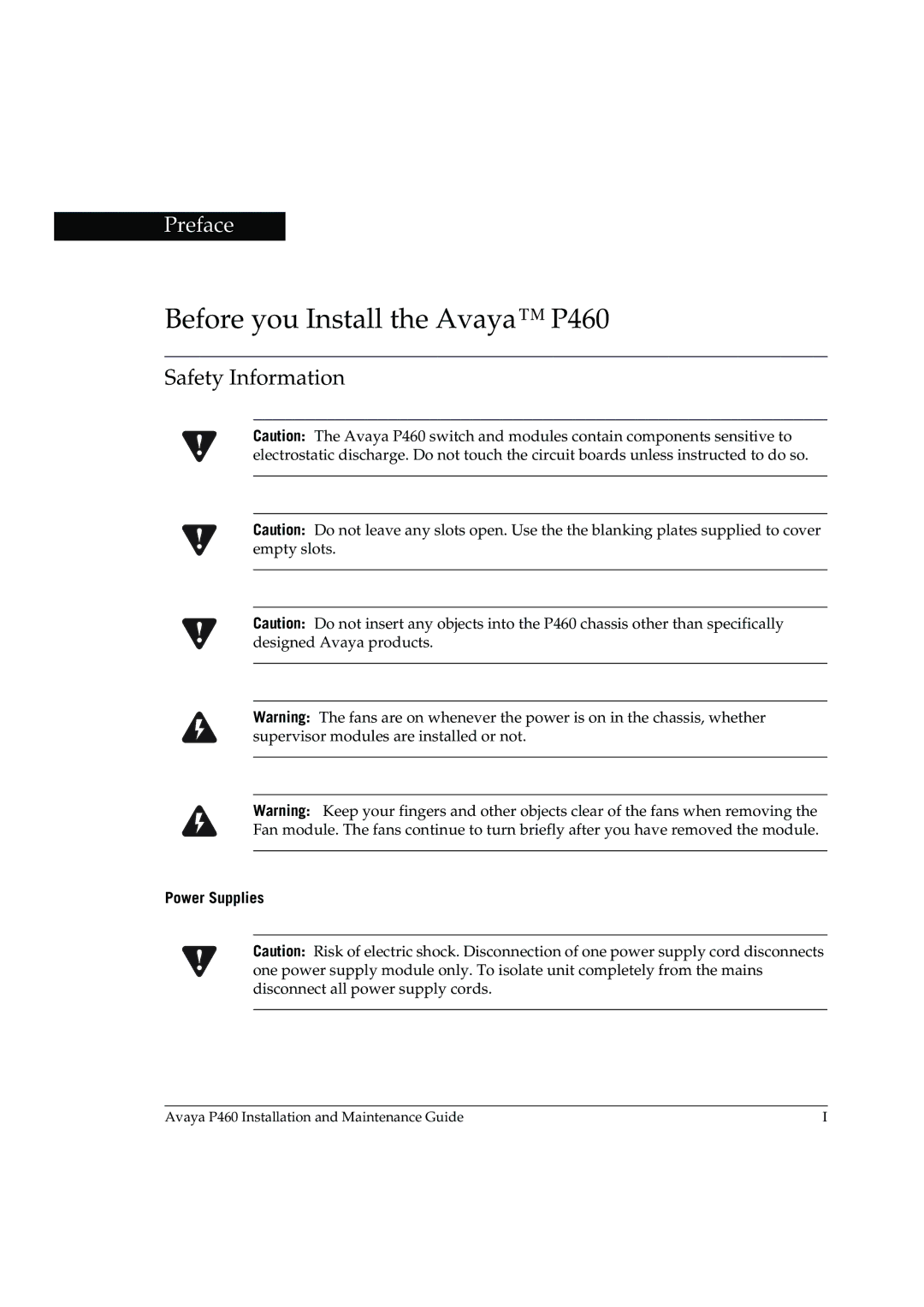 Casio manual Before you Install the Avaya P460, Safety Information, Power Supplies 