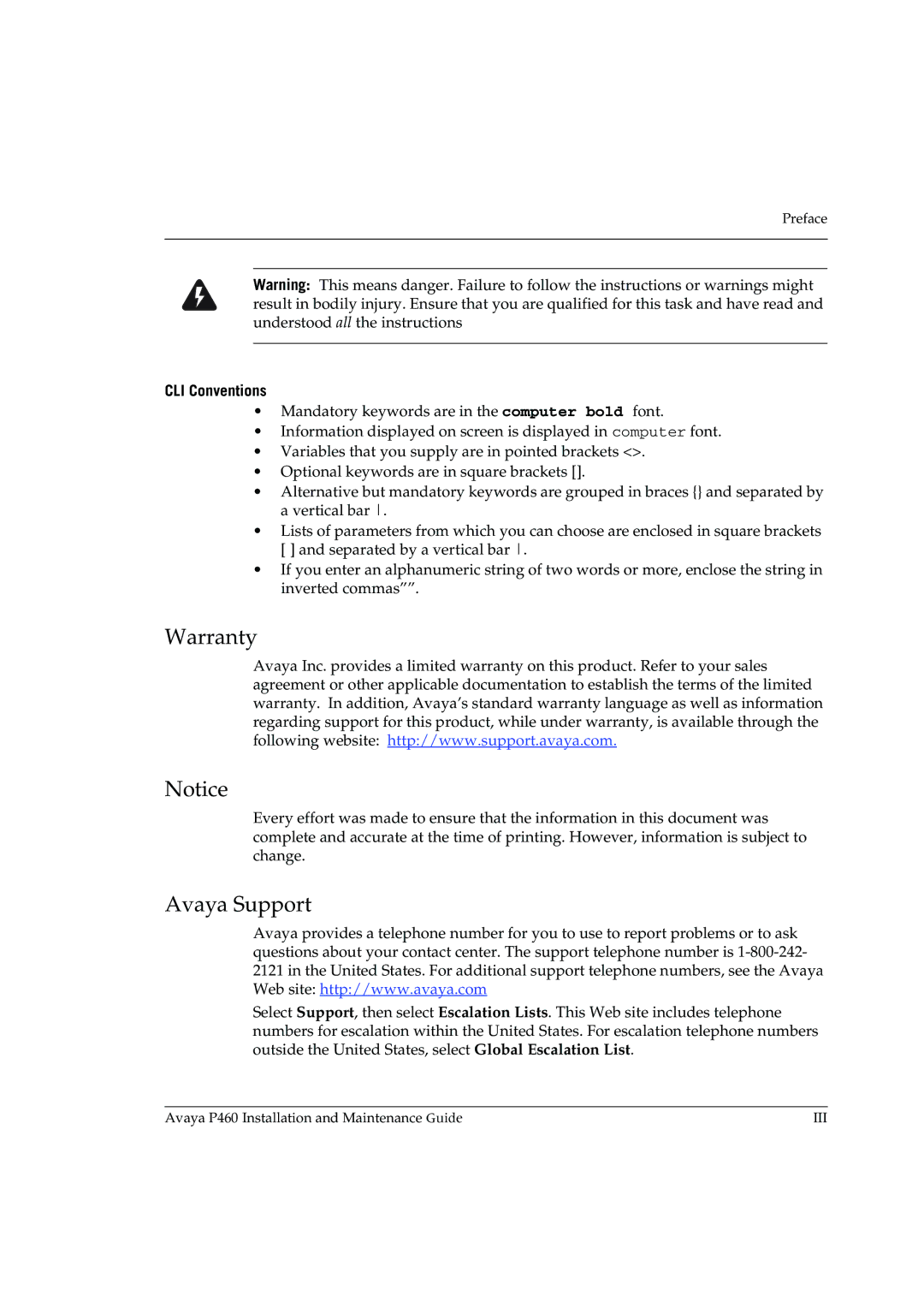 Casio P460 manual Warranty, Avaya Support, CLI Conventions 