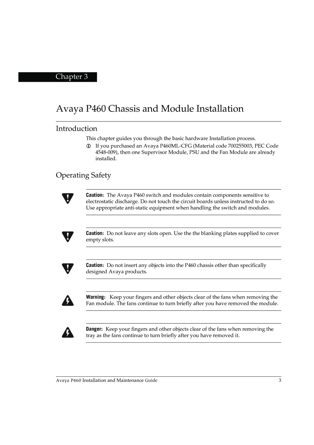 Casio manual Avaya P460 Chassis and Module Installation, Operating Safety 