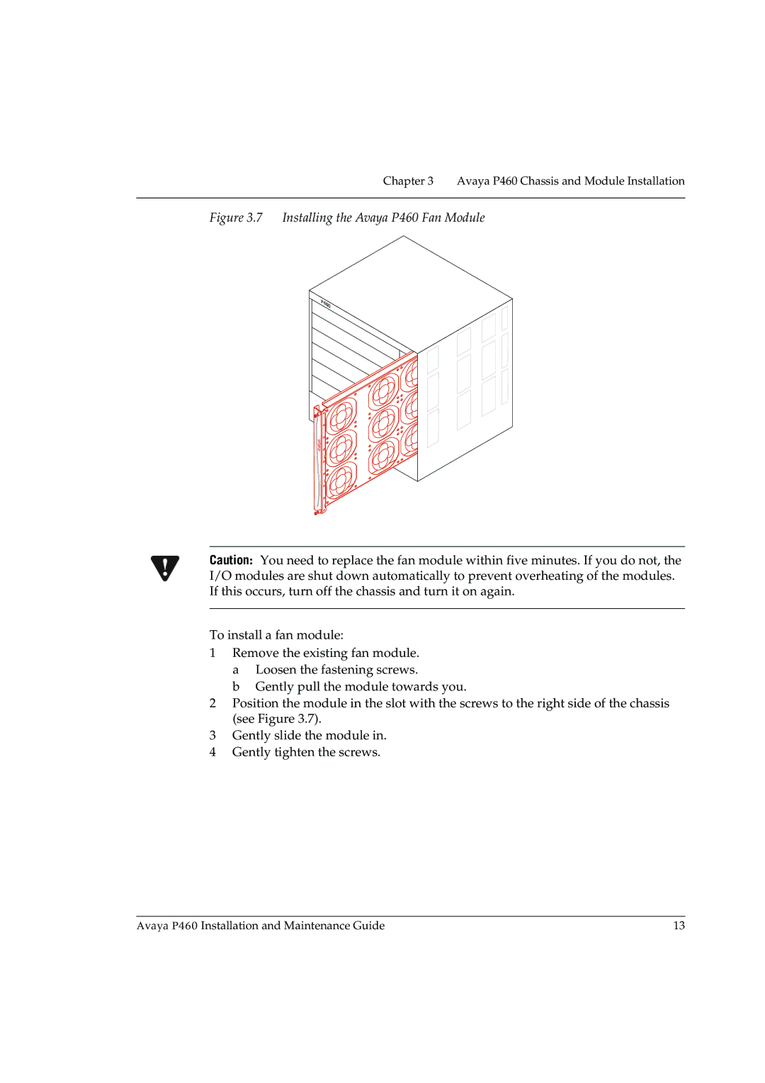 Casio manual Installing the Avaya P460 Fan Module 