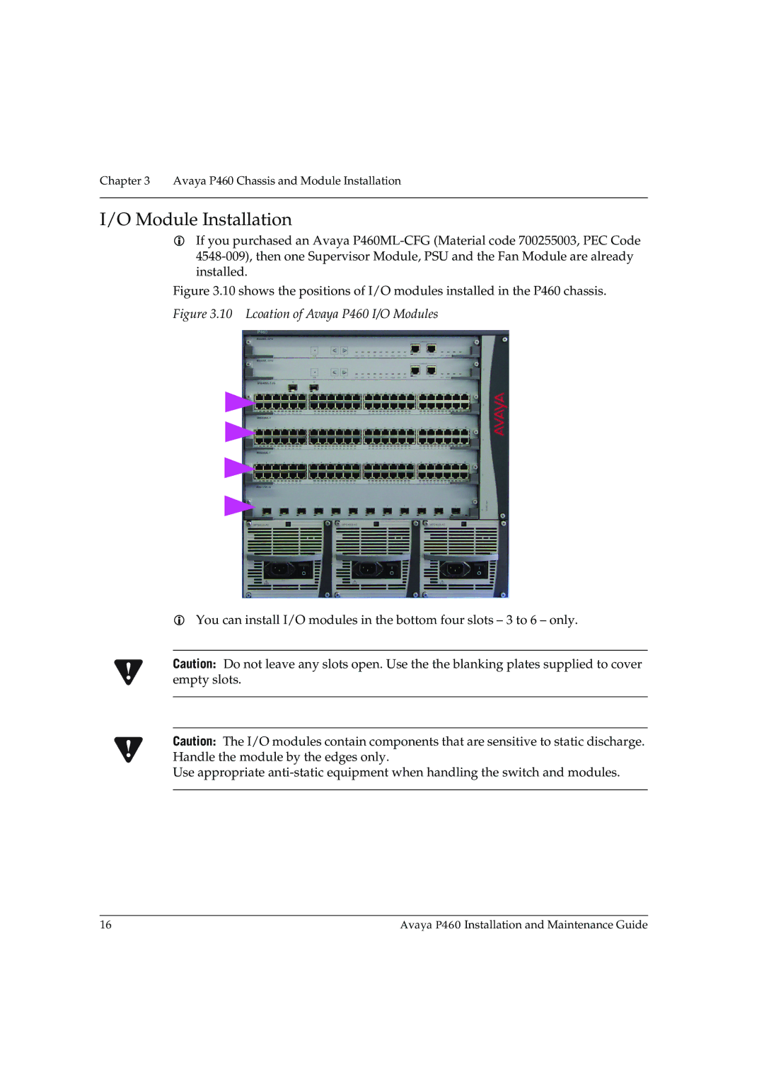 Casio manual Module Installation, Lcoation of Avaya P460 I/O Modules 