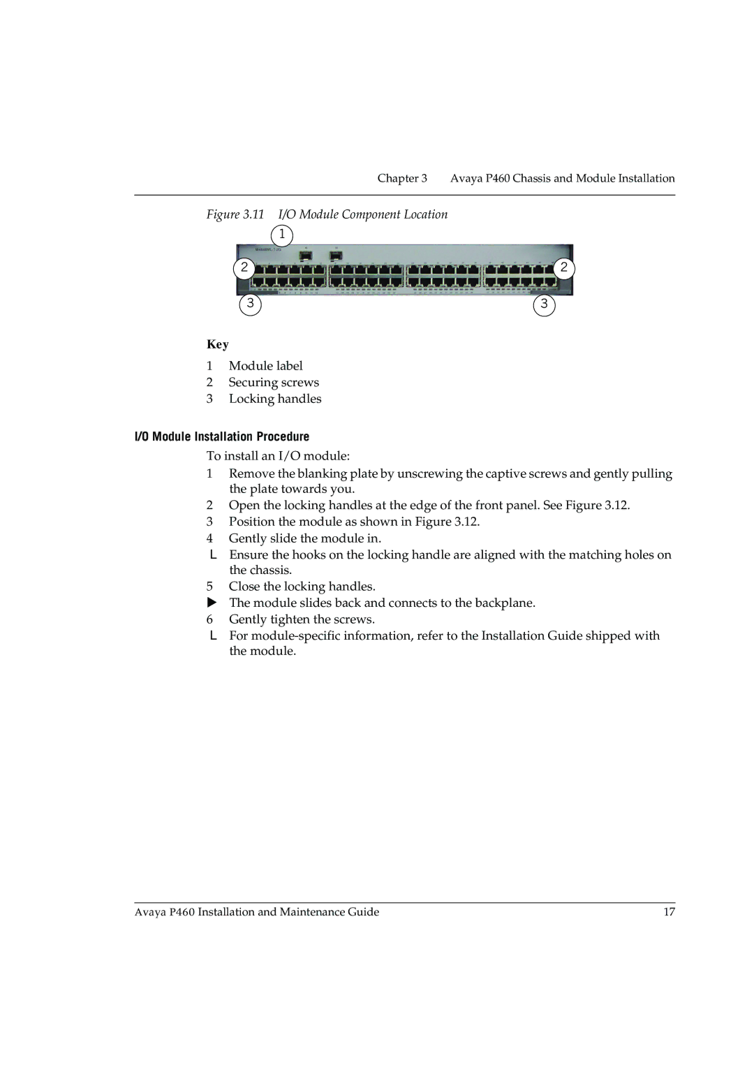 Casio P460 manual 11 I/O Module Component Location, Module Installation Procedure 